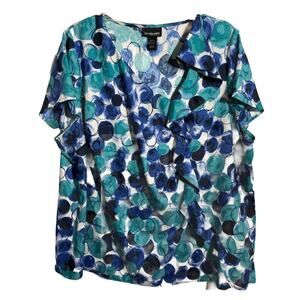 Lane Bryant Womens Plus Size 22/24 Blue / Teal Print Cap Sleeve V Neck Ruffle